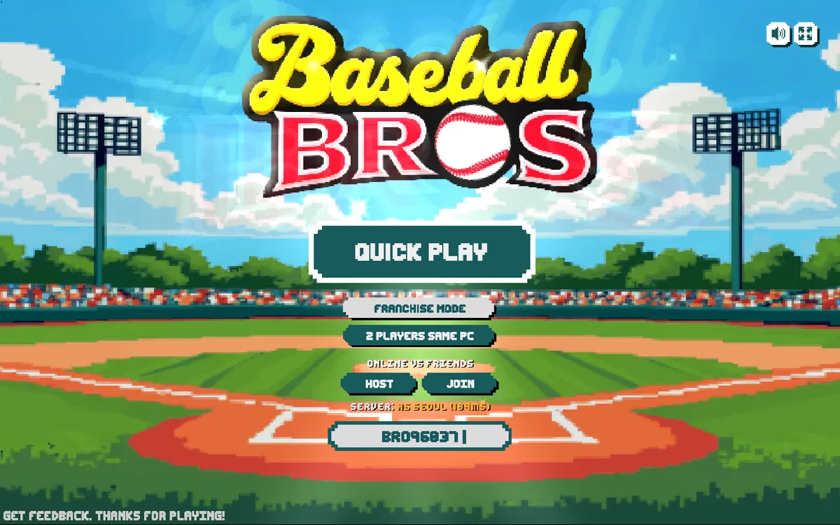 Baseball Bros menu showing Quick Play, Franchise Mode, two-player local mode, and online friend options on a pixel baseball field