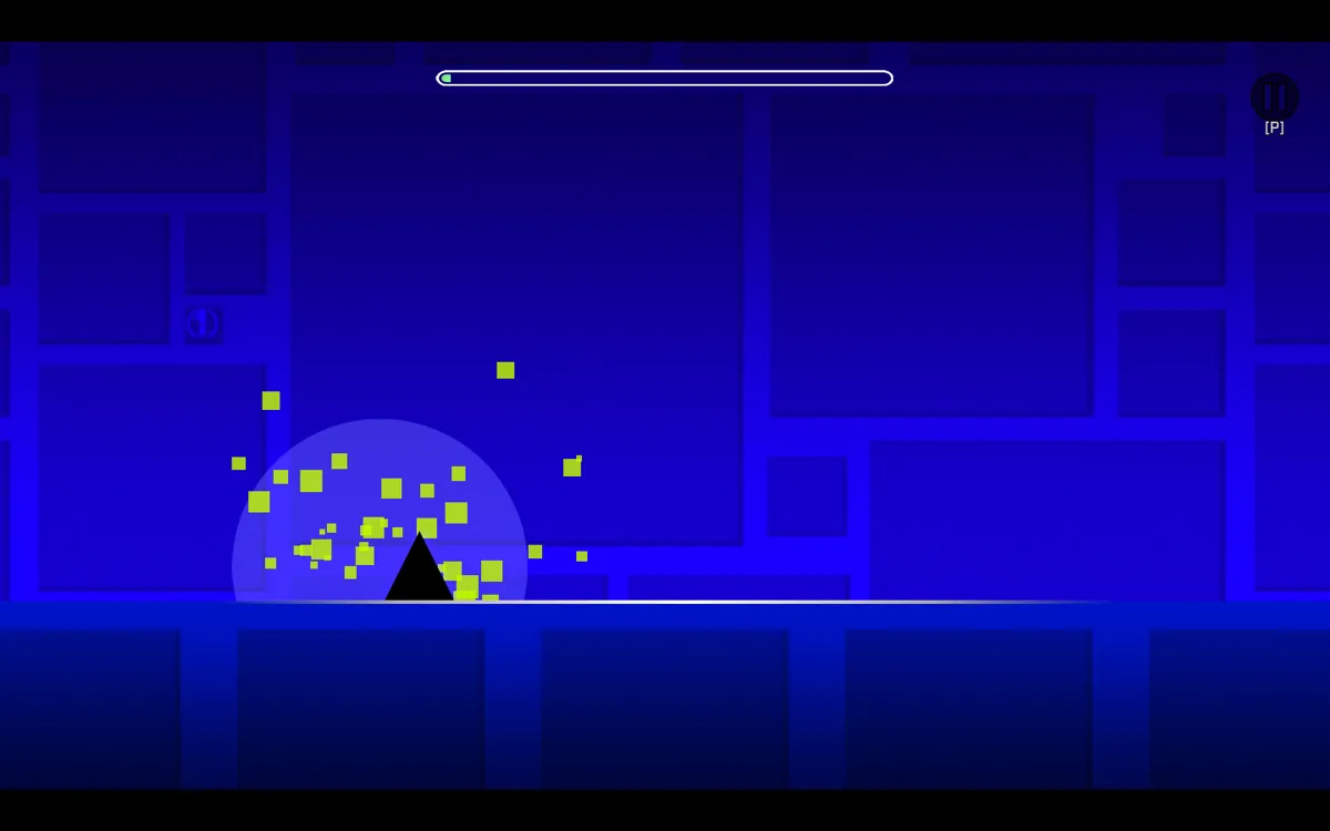 Dashmetry gameplay showing a neon rhythm platform level with a cube jumping past a spike.