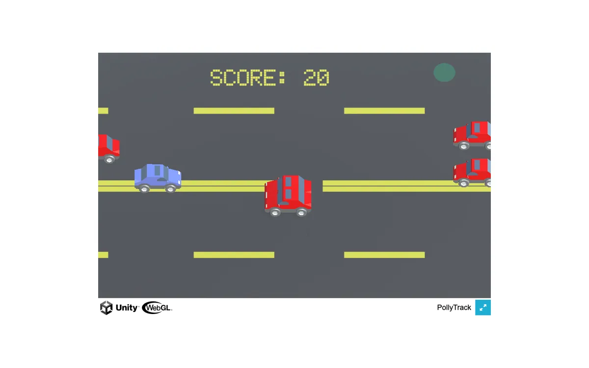 Blue low-poly car dodging red traffic in PolyTrack 2