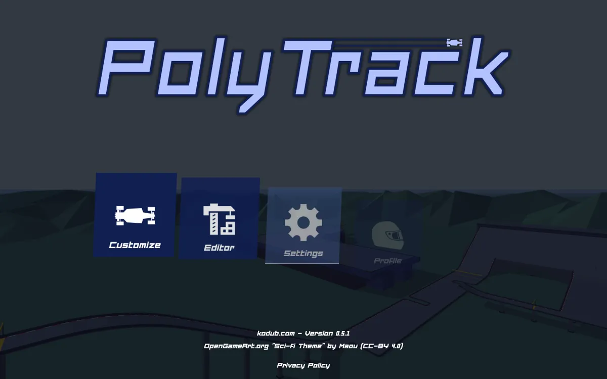 PolyTrack menu over a low-poly racing track with editor and play options
