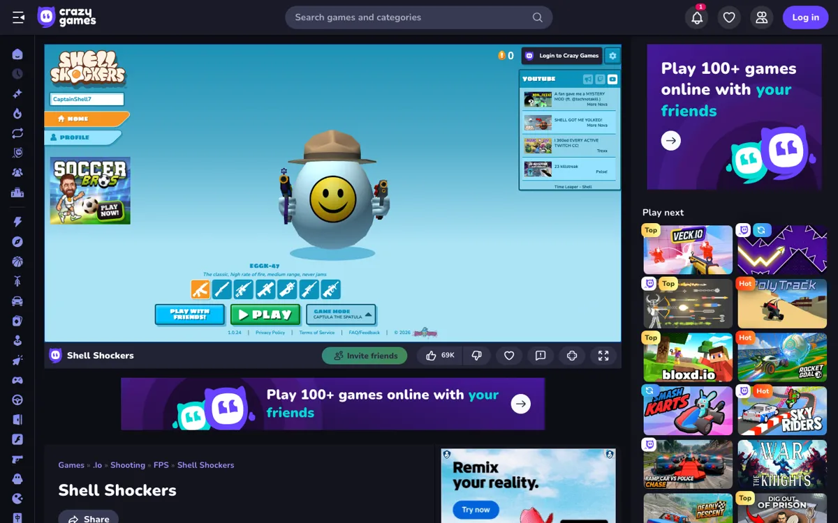 Shell Shockers egg character holding pistols on the game menu screen